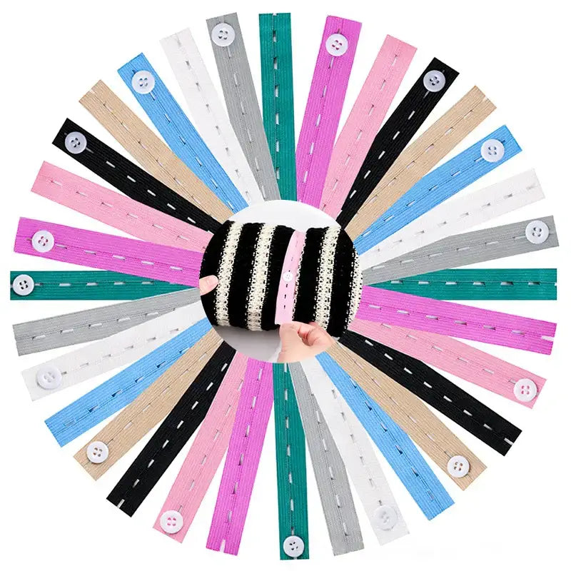 A hand holds a black and white knit sweater with colorful elastic band clothes folding organizers and storage bags