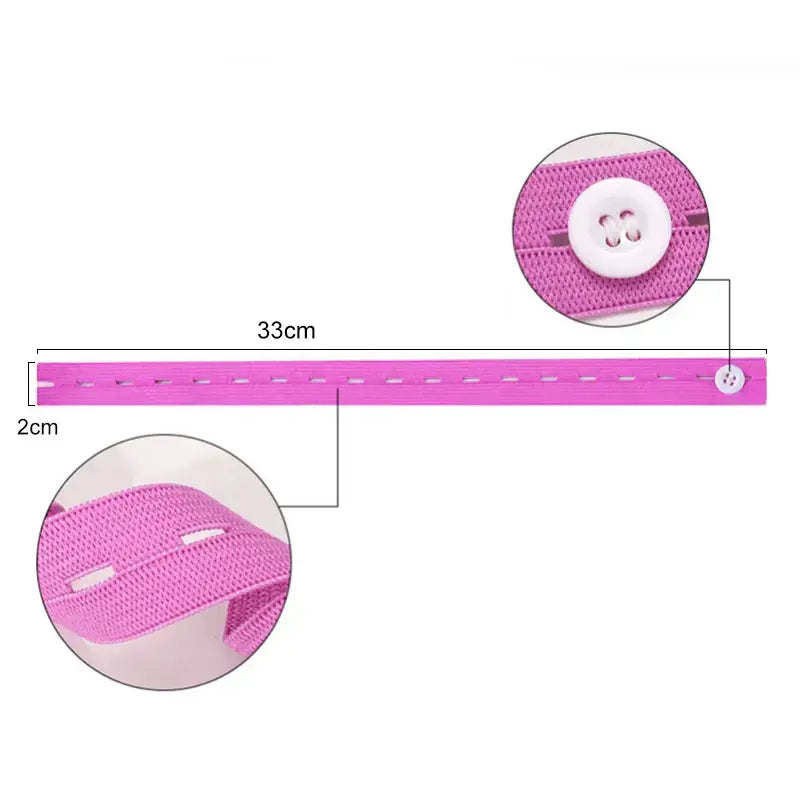 A vibrant pink elastic band with white button closure and reinforced stitching for band clothes folding and storage bags