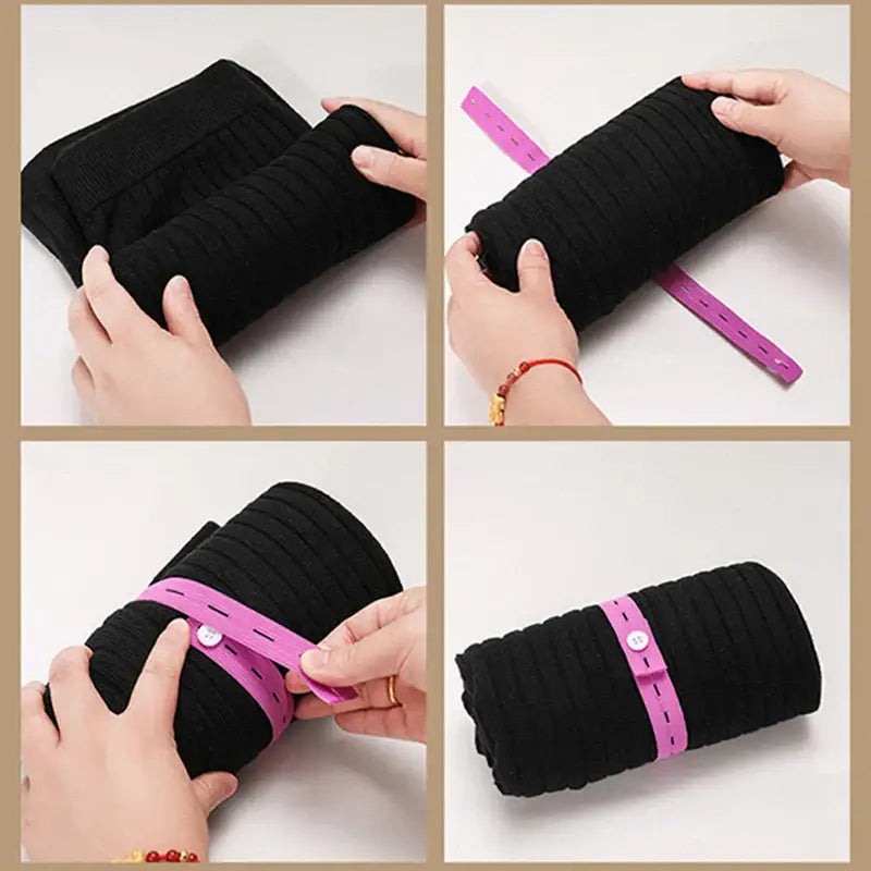 Black ribbed knit leggings with pink elastic band and button closure for elastic band clothes folding storage bags use
