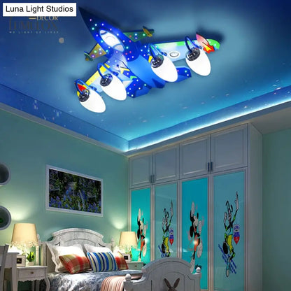 DecorBites™ DecorBites™ Wooden Cartoon Flush Mount Light Fixture in Blue - Jet Children's Bedroom Ceiling Lamp