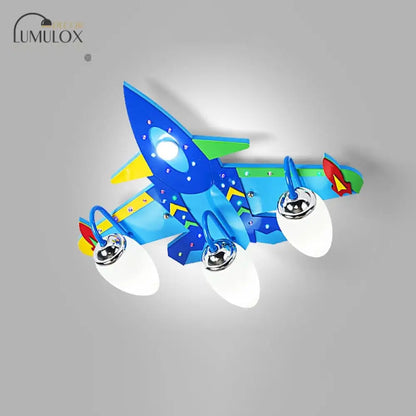 DecorBites™ DecorBites™ Wooden Cartoon Flush Mount Light Fixture in Blue - Jet Children's Bedroom Ceiling Lamp