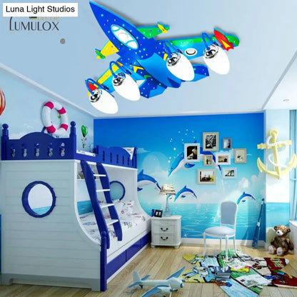 DecorBites™ DecorBites™ Wooden Cartoon Flush Mount Light Fixture in Blue - Jet Children's Bedroom Ceiling Lamp