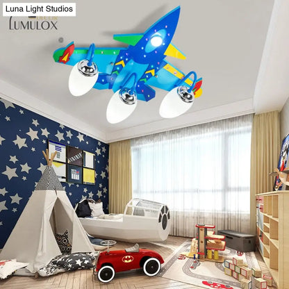 DecorBites™ DecorBites™ Wooden Cartoon Flush Mount Light Fixture in Blue - Jet Children's Bedroom Ceiling Lamp