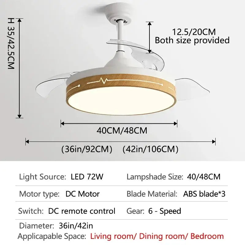 White ceiling fan with wooden accent ring and abs blades featuring decorbites dc motor for living room use