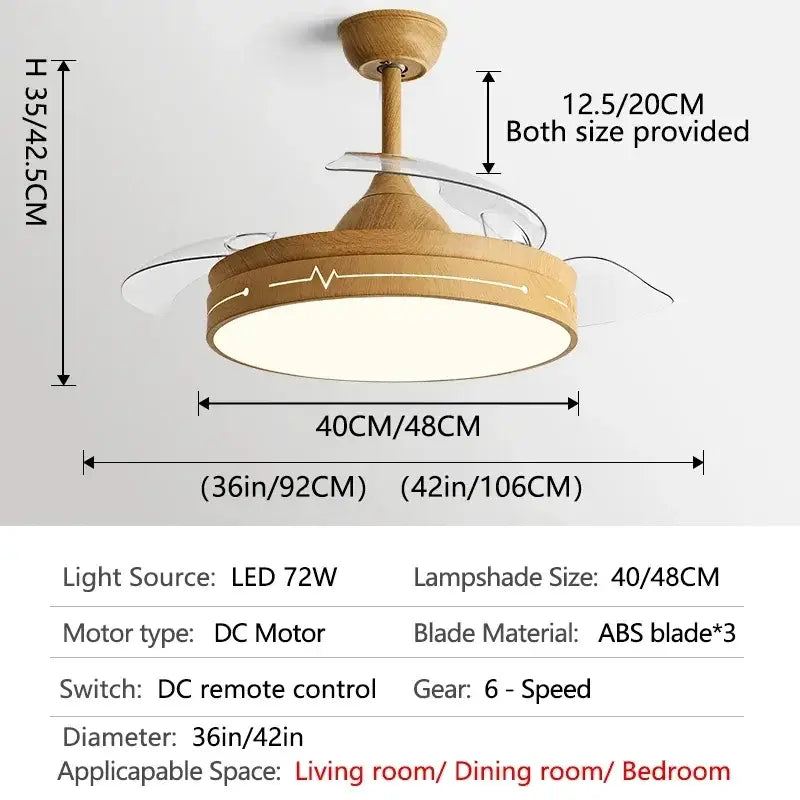 Wooden ceiling fan with clear acrylic blades and circular lampshade featuring decorbites dc motor for living room use