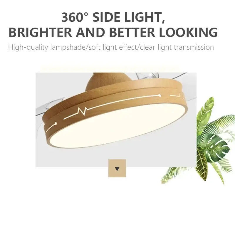 Wooden ceiling fan with acrylic blades and circular lampshade featuring white line art decorbites dc motor ceiling fan