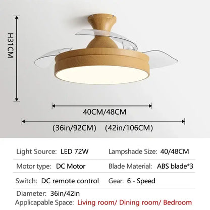 Modern ceiling fan with natural wood finish and transparent acrylic blades featuring decorbites dc motor control