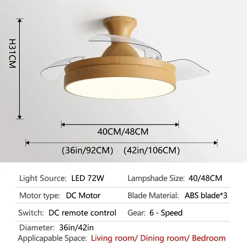 Modern ceiling fan with natural wood finish and transparent acrylic blades featuring decorbites dc motor control