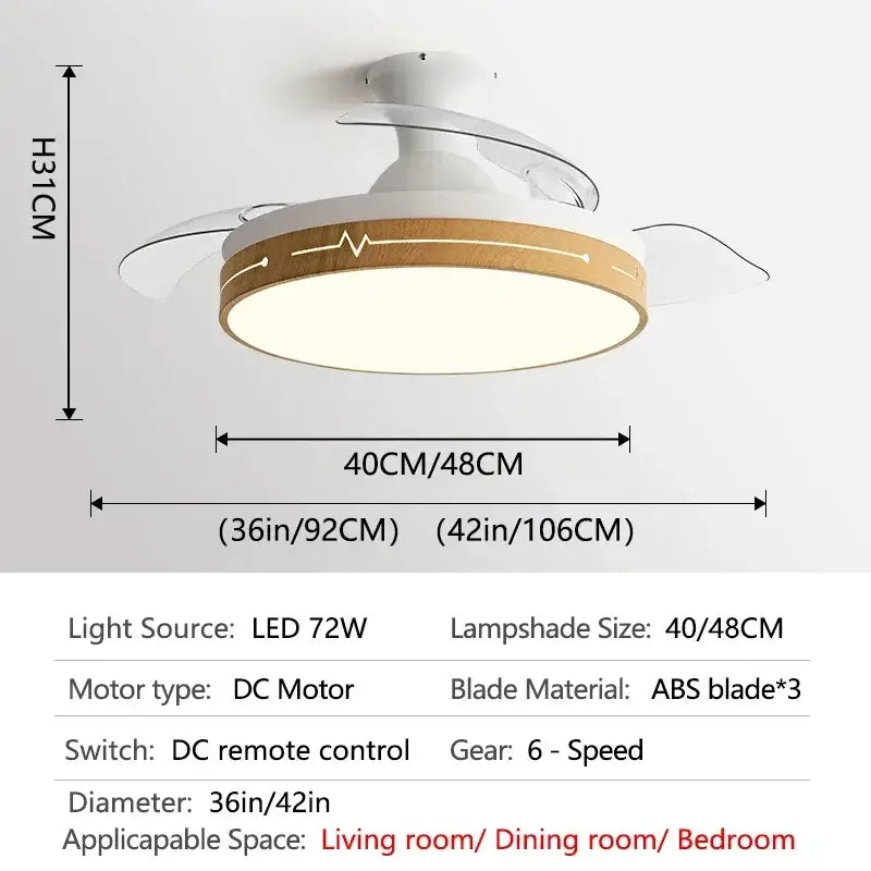 White and light wood-toned wooden ceiling fan with acrylic abs blades and decorbites dc motor for living room use