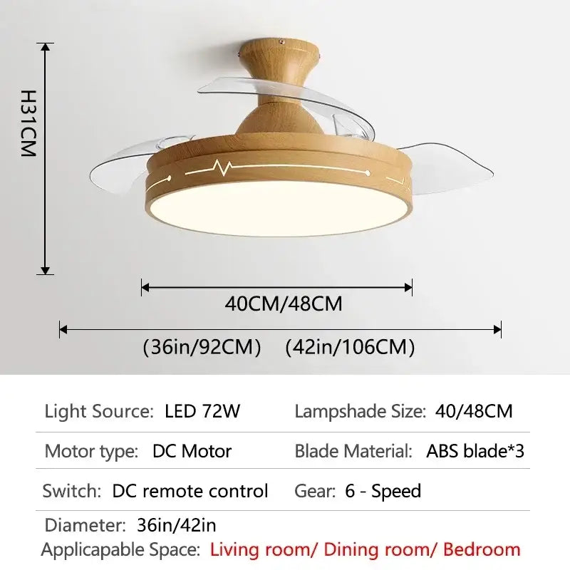 Wooden ceiling fan with clear acrylic blades and circular led light featuring decorbites dc motor control for living room
