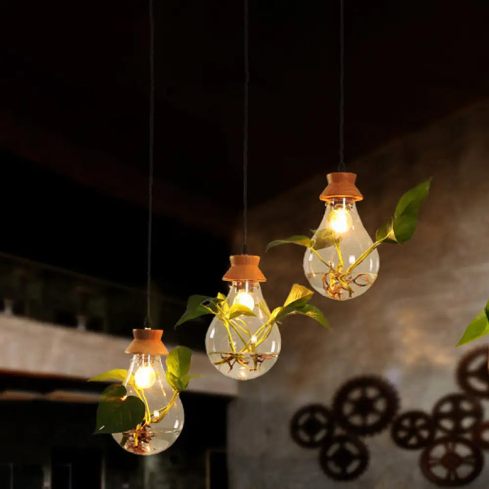 Wooden Cluster Pendant Light with Vintage Bulb Shape and Clear Glass Shades