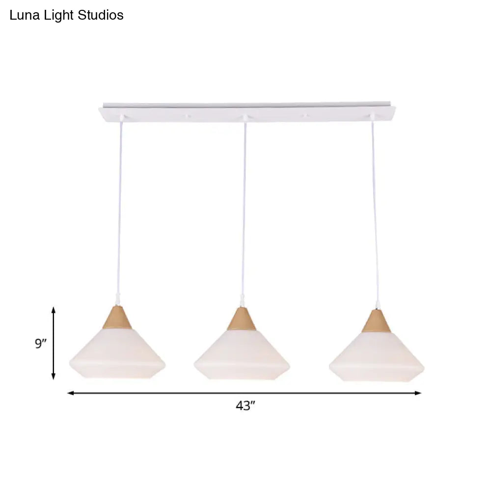 Wooden Cone Pendant Light with 3 Cream Glass Bulbs for Multiple Hanging - Simplistic Ceiling Fixture