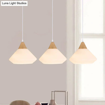 Wooden Cone Pendant Light with 3 Cream Glass Bulbs for Multiple Hanging - Simplistic Ceiling Fixture