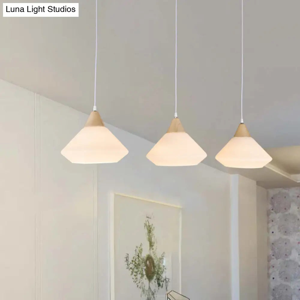 Wooden Cone Pendant Light with 3 Cream Glass Bulbs for Multiple Hanging - Simplistic Ceiling Fixture