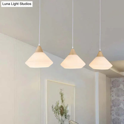 Wooden Cone Pendant Light with 3 Cream Glass Bulbs for Multiple Hanging - Simplistic Ceiling Fixture