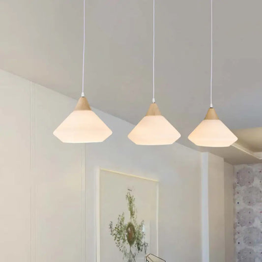 Wooden Cone Pendant Light with 3 Cream Glass Bulbs for Multiple Hanging - Simplistic Ceiling Fixture