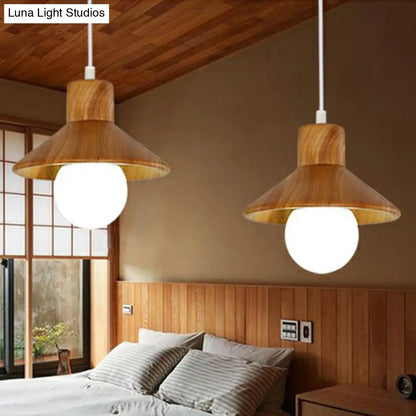 Wooden Cone Shaped Nordic Ceiling Light - Beige-White | Restaurant Hanging Lamp with 1 Head