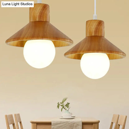 Wooden Cone Shaped Nordic Ceiling Light - Beige-White | Restaurant Hanging Lamp with 1 Head