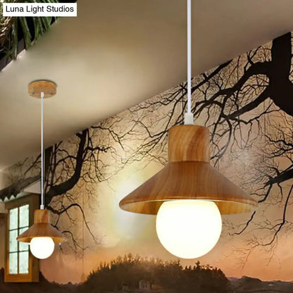 Wooden Cone Shaped Nordic Ceiling Light - Beige-White | Restaurant Hanging Lamp with 1 Head