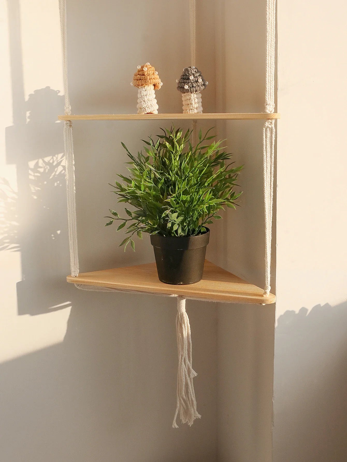 Wooden Corner Shelf with Macrame - Boho Wall Decor