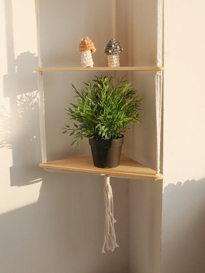 Wooden Corner Shelf with Macrame - Boho Wall Decor