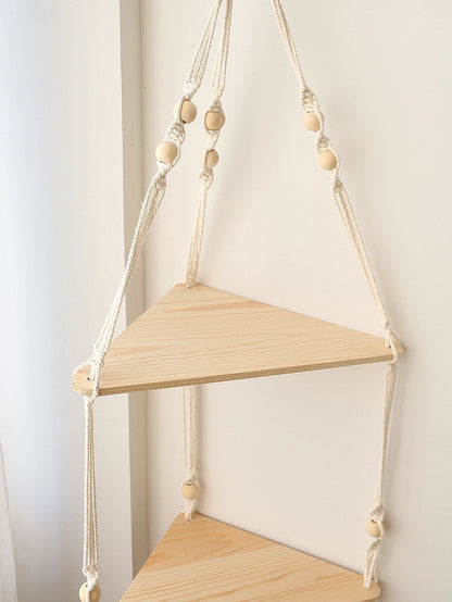Wooden Corner Shelf with Macrame - Boho Wall Decor