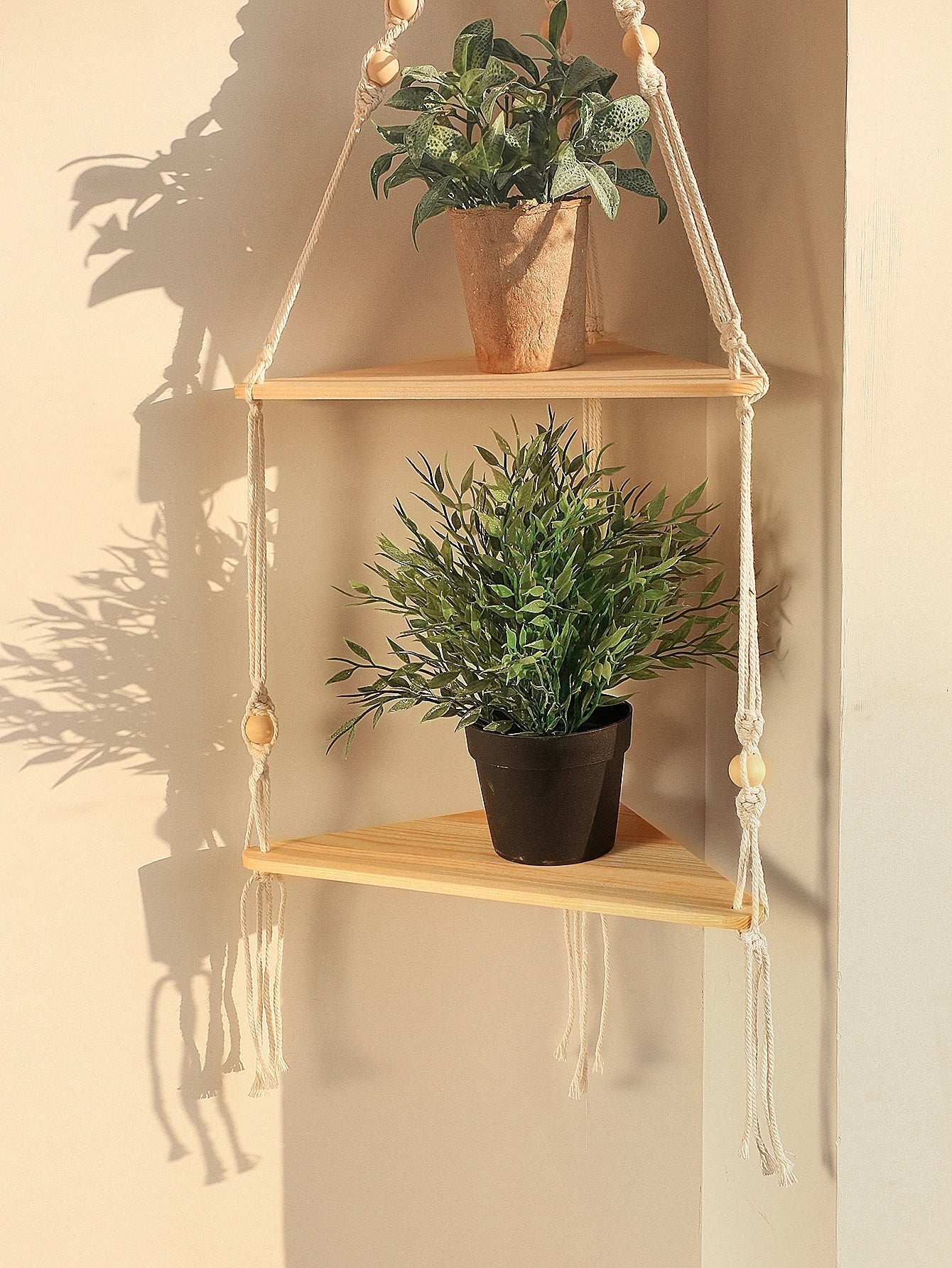 Wooden Corner Shelf with Macrame - Boho Wall Decor
