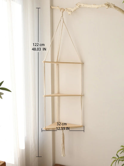 Wooden Corner Shelf with Macrame - Boho Wall Decor