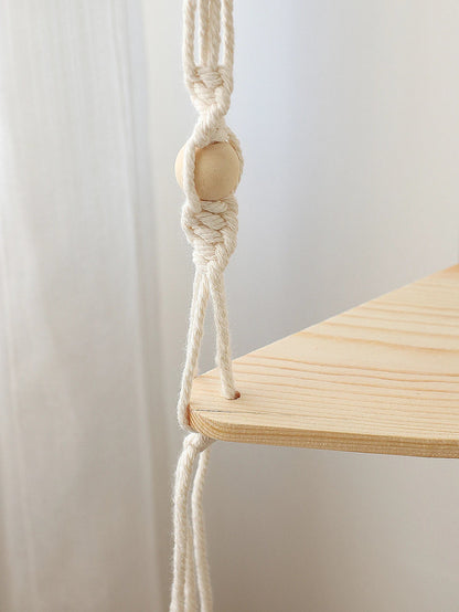 Wooden Corner Shelf with Macrame - Boho Wall Decor