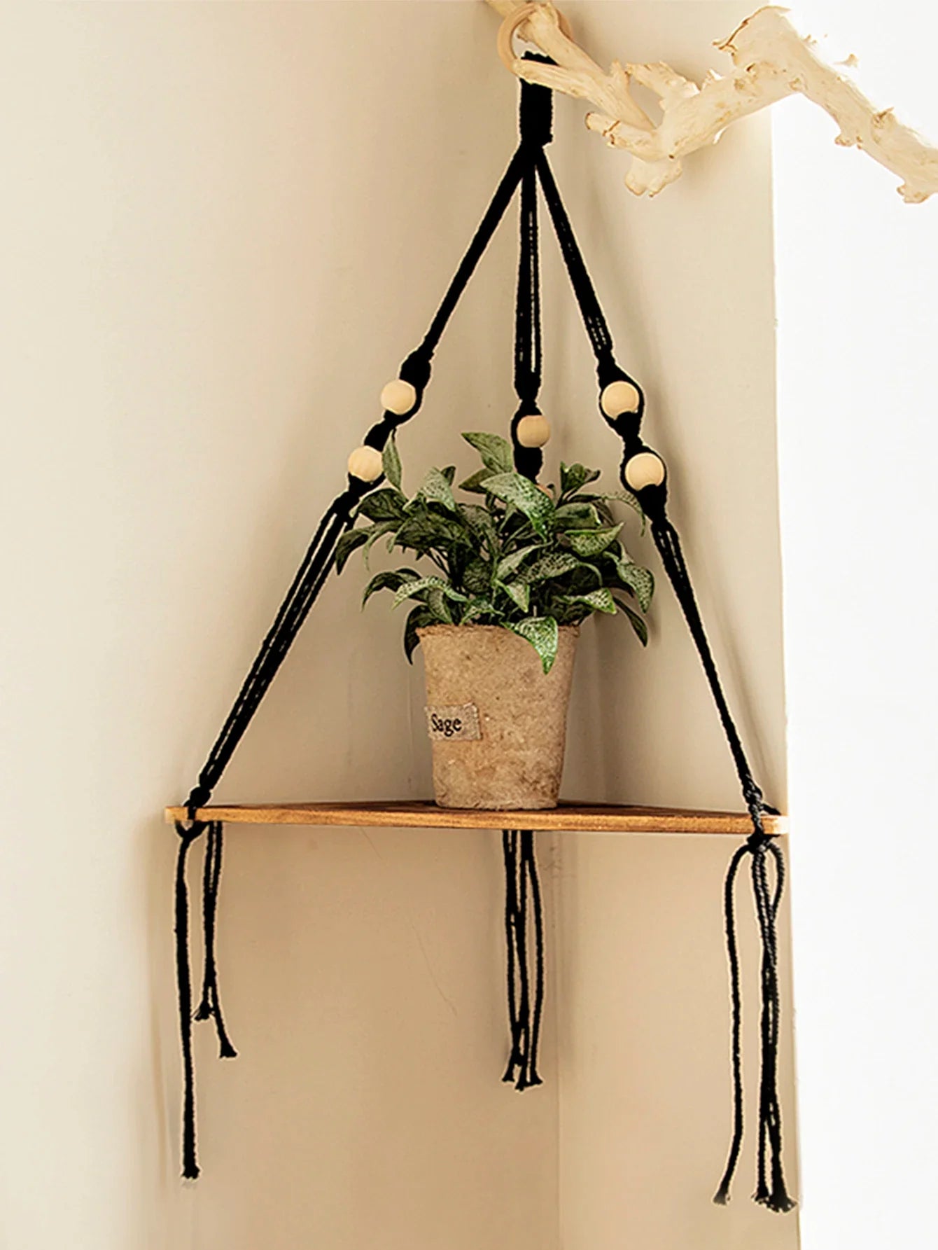 Wooden Corner Shelf with Macrame - Boho Wall Decor