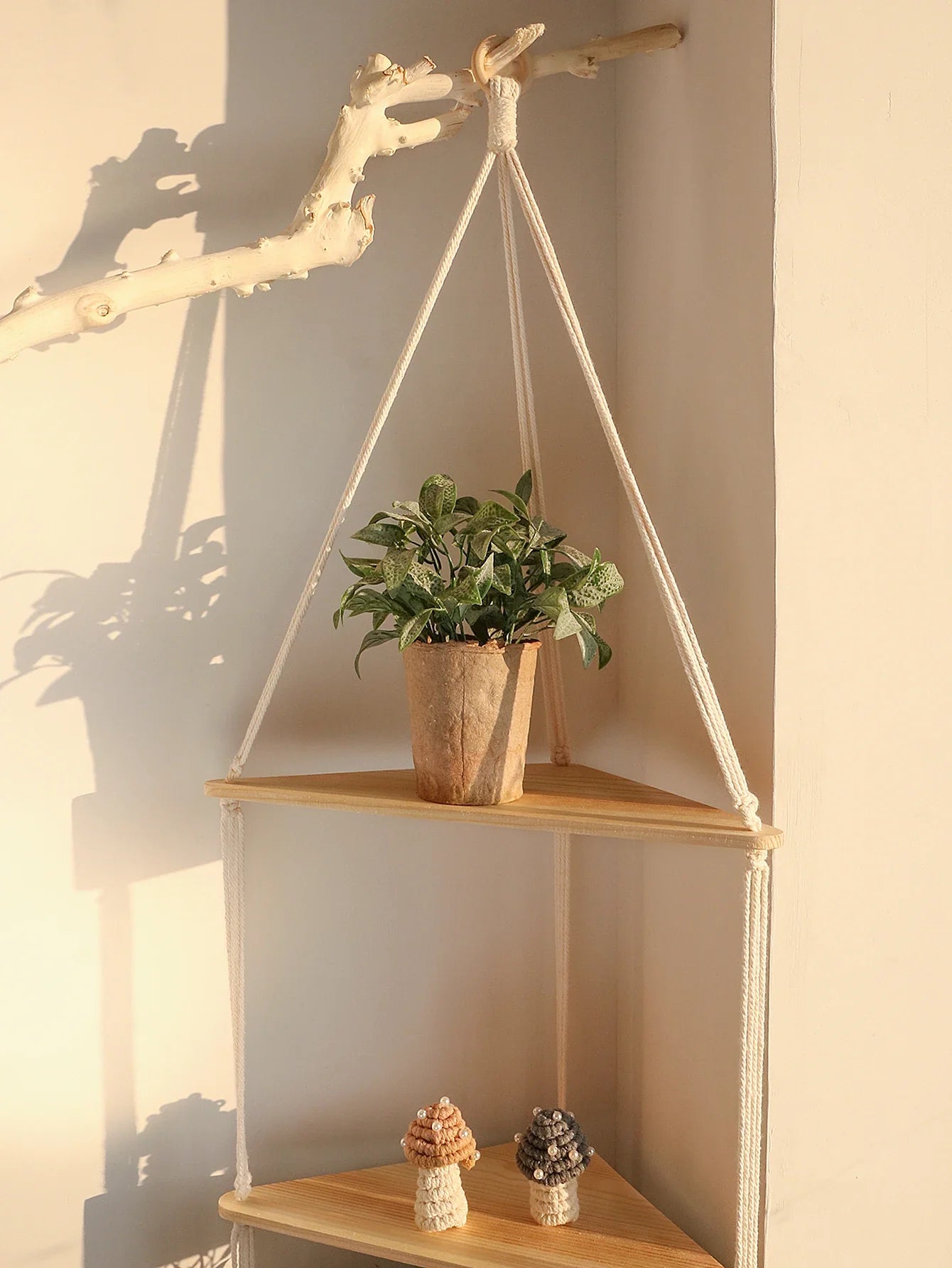 Wooden Corner Shelf with Macrame - Boho Wall Decor