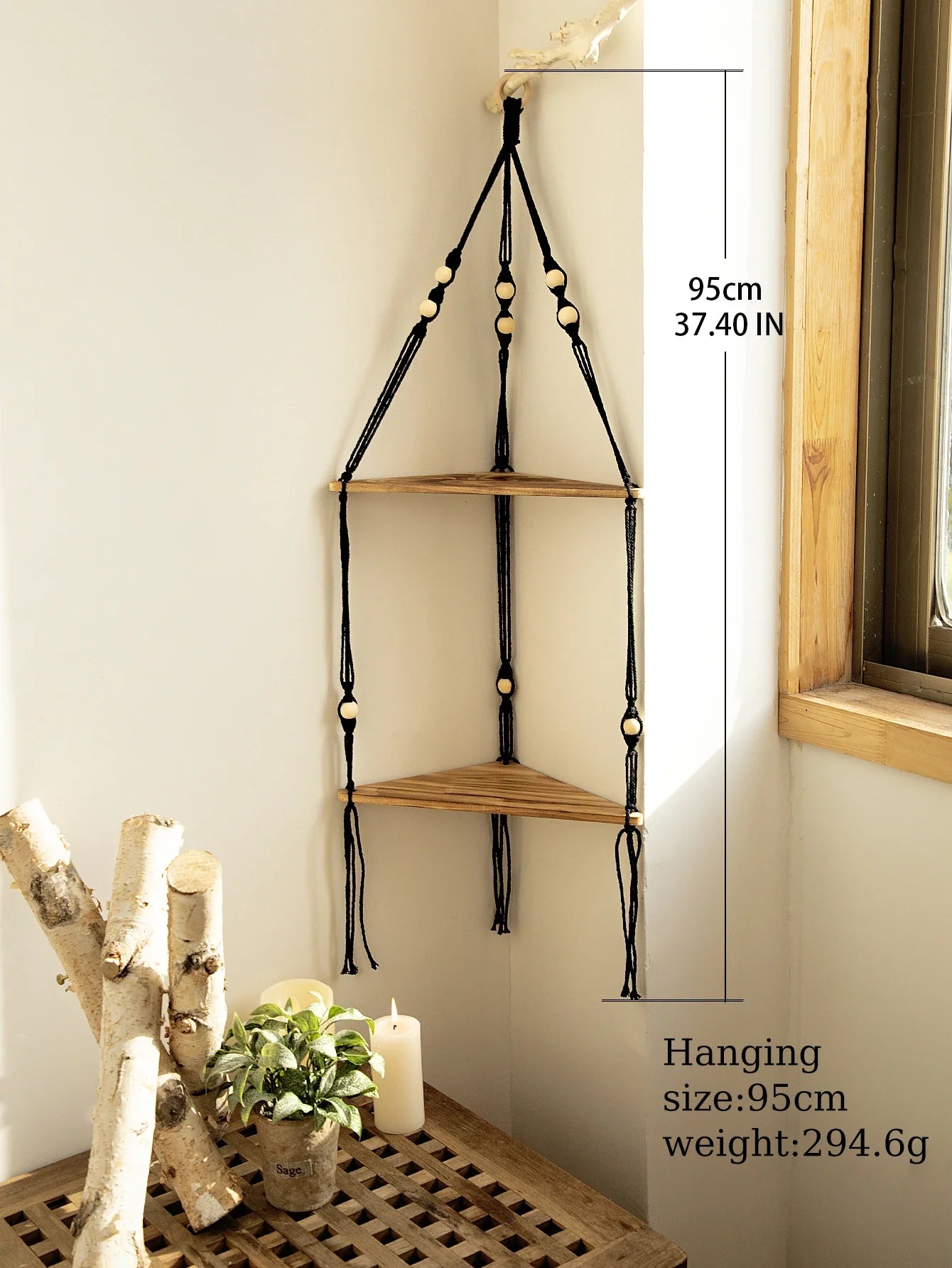 Wooden Corner Shelf with Macrame - Boho Wall Decor