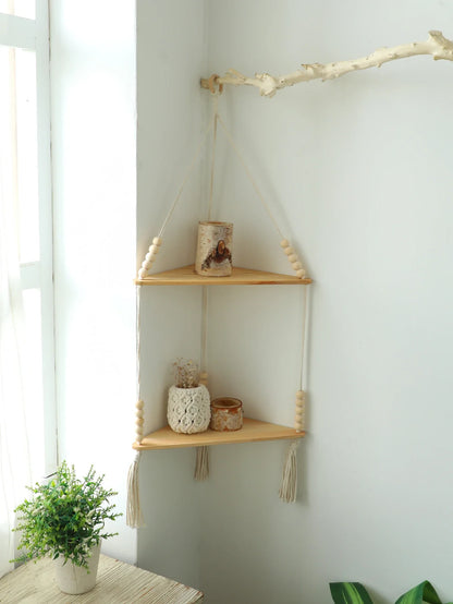 Wooden Corner Shelf with Macrame - Boho Wall Decor - corner shelf M01382