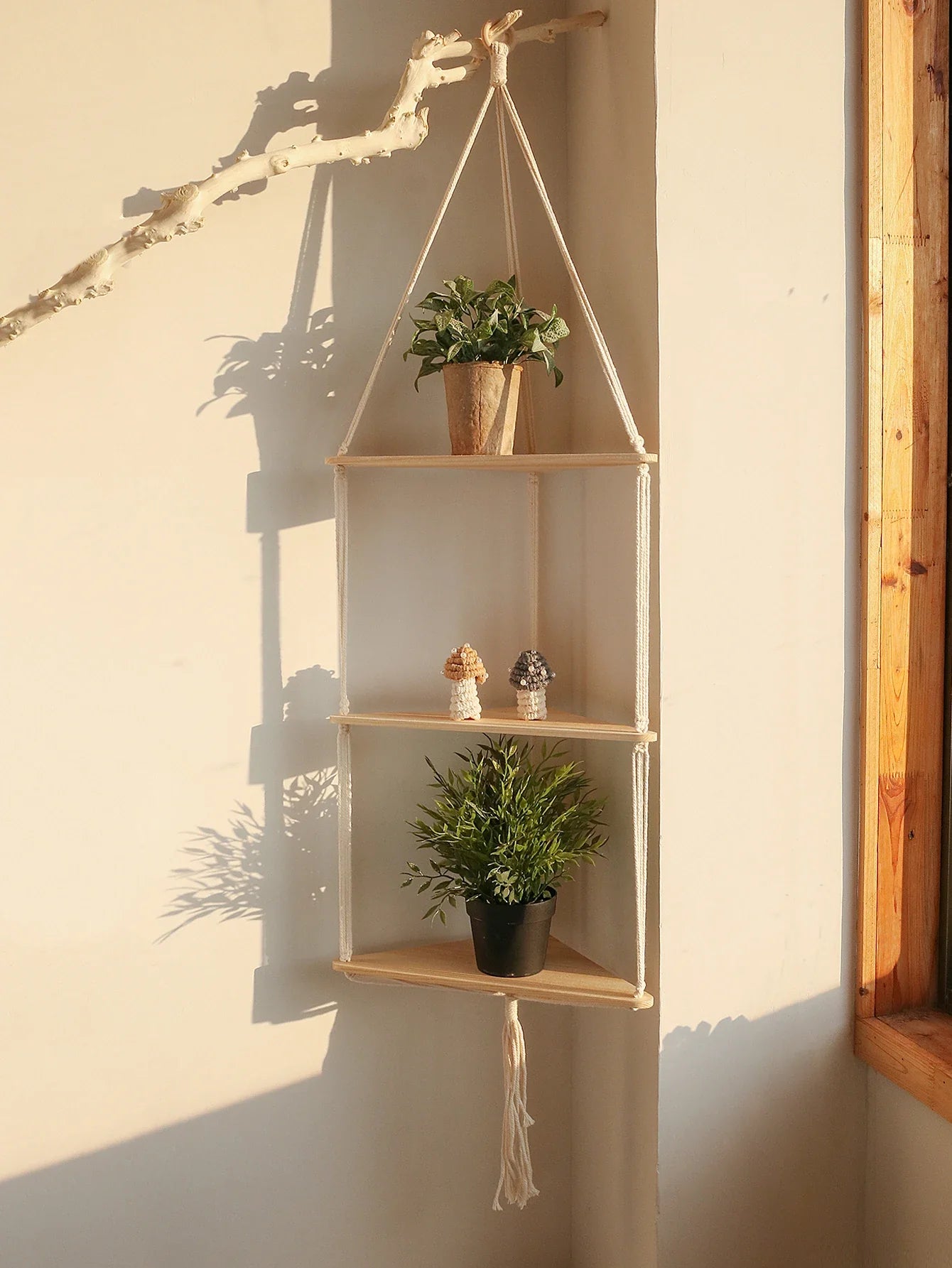 Wooden Corner Shelf with Macrame - Boho Wall Decor - TK-M0854