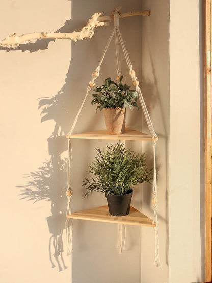 Wooden Corner Shelf with Macrame - Boho Wall Decor - TK-M0953