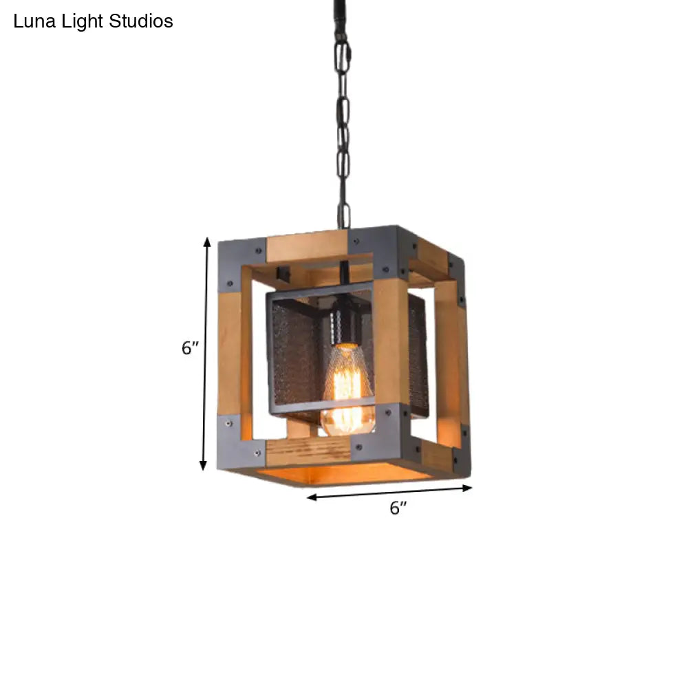 Wooden Cube Pendant Lamp - Industrial Hanging Light for Restaurants, 1-Light Fixture