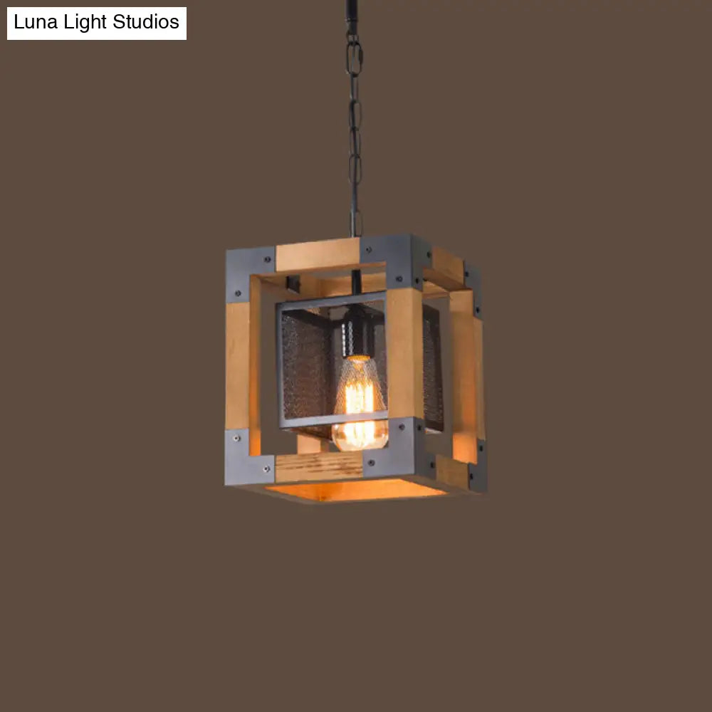 Wooden Cube Pendant Lamp - Industrial Hanging Light for Restaurants, 1-Light Fixture