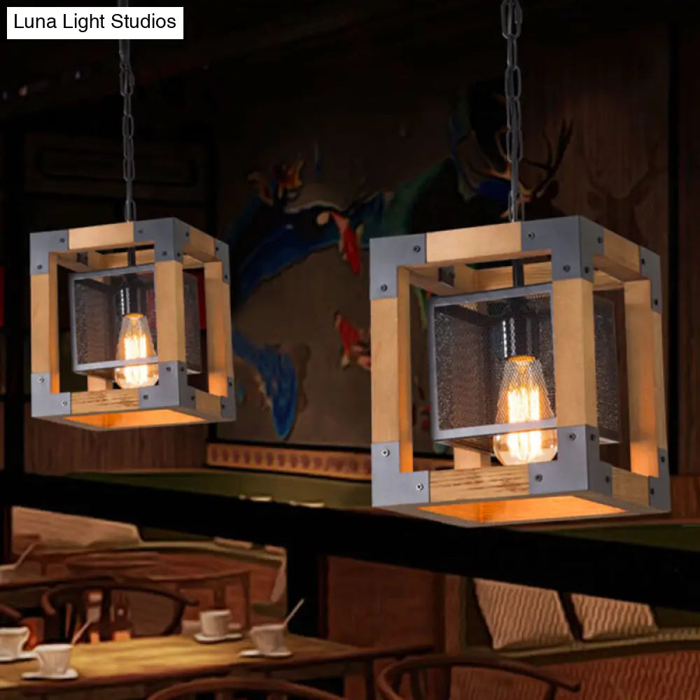 Wooden Cube Pendant Lamp - Industrial Hanging Light for Restaurants, 1-Light Fixture