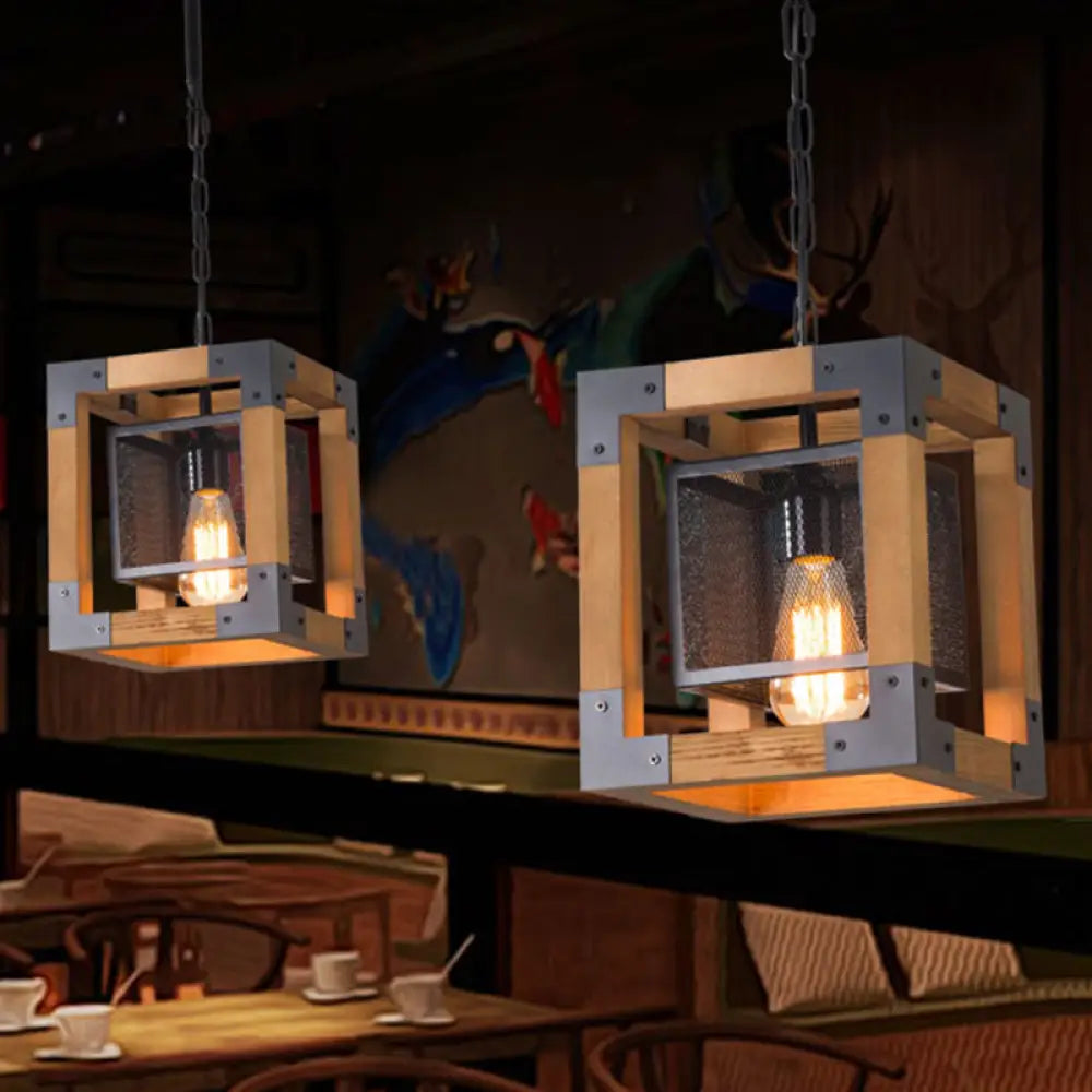 Wooden Cube Pendant Lamp - Industrial Hanging Light for Restaurants, 1-Light Fixture