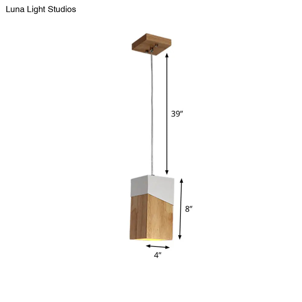 Wooden Cuboid Pendant Light - Modern Beige and White Suspension Lamp for Bedside