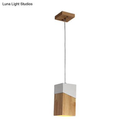 Wooden Cuboid Pendant Light - Modern Beige and White Suspension Lamp for Bedside