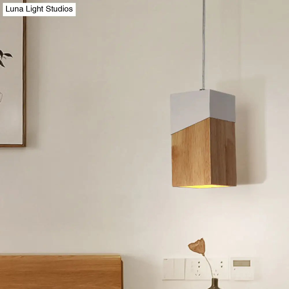 Wooden Cuboid Pendant Light - Modern Beige and White Suspension Lamp for Bedside