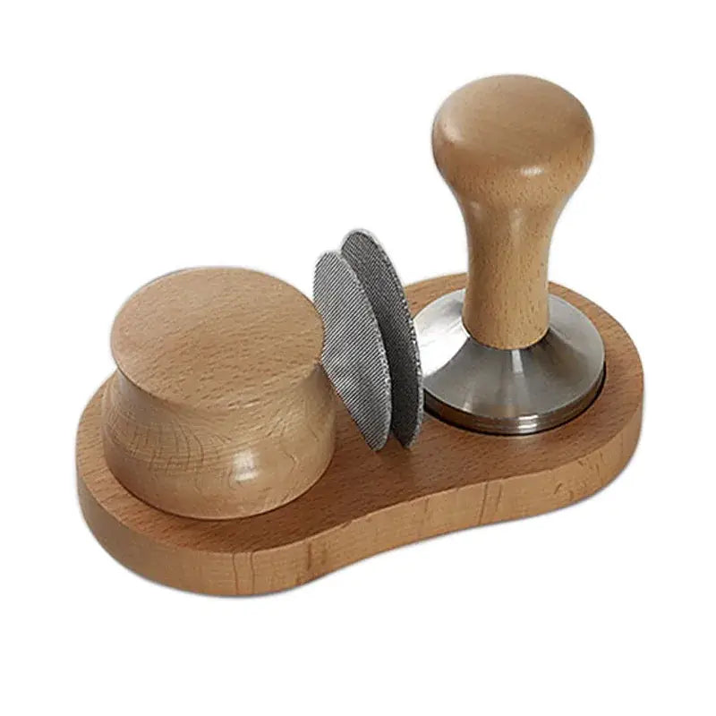 Wooden espresso distributor tamper with polished metal base and ergonomic handle alongside two stainless steel tampers on tray