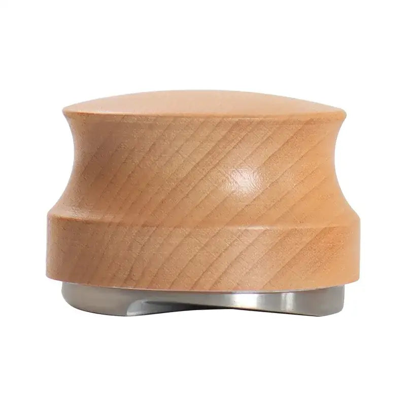Light-colored wooden espresso distributor tamper with smooth rounded top and stainless steel base for kitchen use