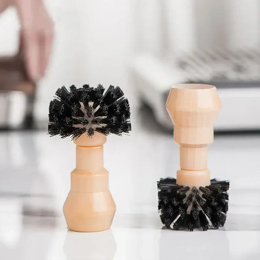 Two wooden-handled cleaning brushes with black bristles for decorbites espresso portafilter and tamper cleaning brush