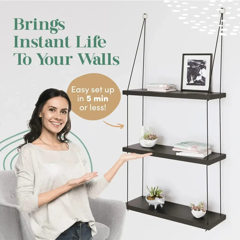 DecorBites™ black wood floating shelf with three tiers and sturdy cords for boho decor and easy wall mounting