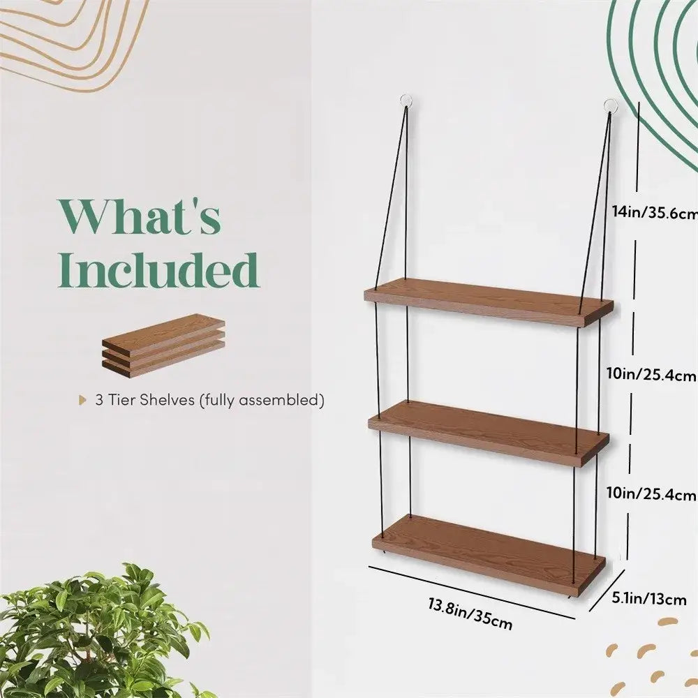Decorbites™ brown wooden three-tier floating shelf with black cord suspension for boho decor display