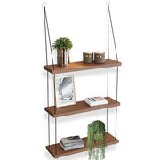 Brown wood floating shelf with three tiers hanging by black cords for boho decor by decorbites