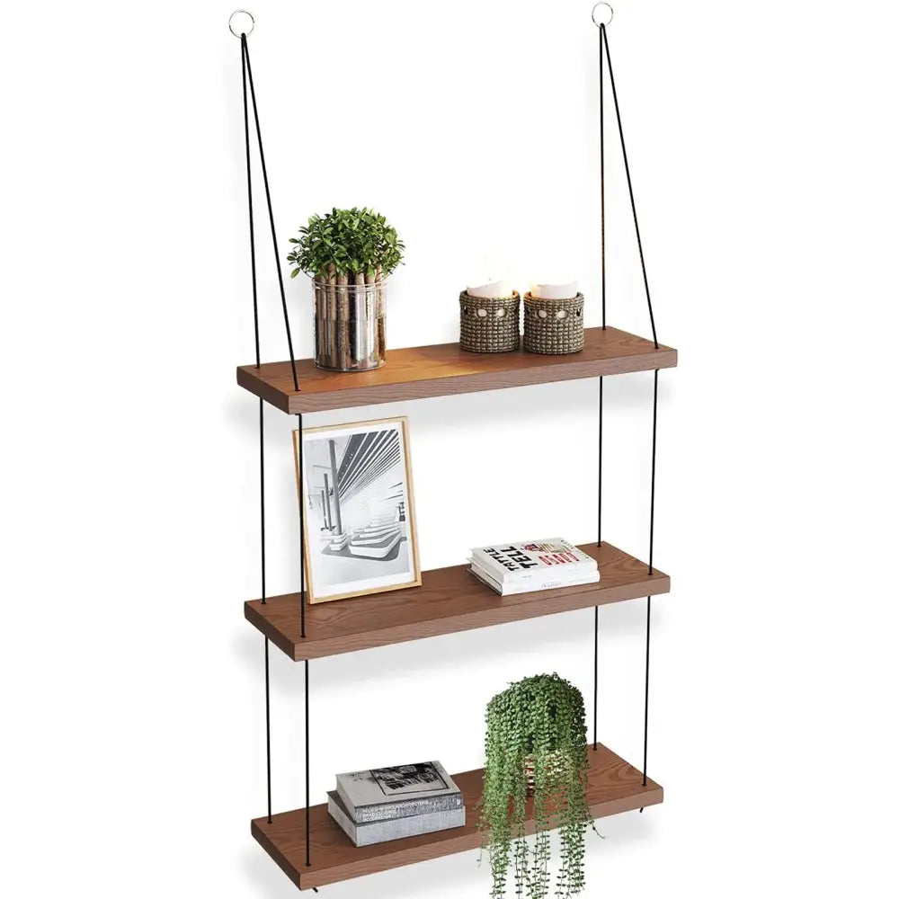 Decorbites™ 3-tier wood floating shelf with dark brown shelves suspended by black cords for boho decor