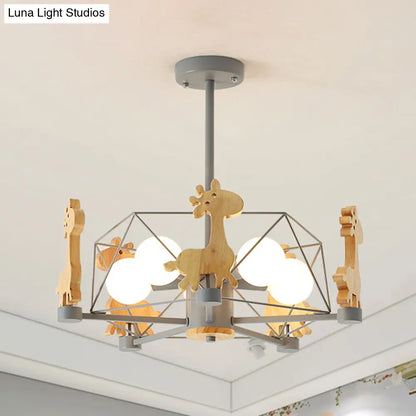 DecorBites™ DecorBites™ Wooden Giraffe Ceiling Fixture for Kids - 5-Light Semi Flush Mount with Star Iron Frame, Grey/Pink/Green